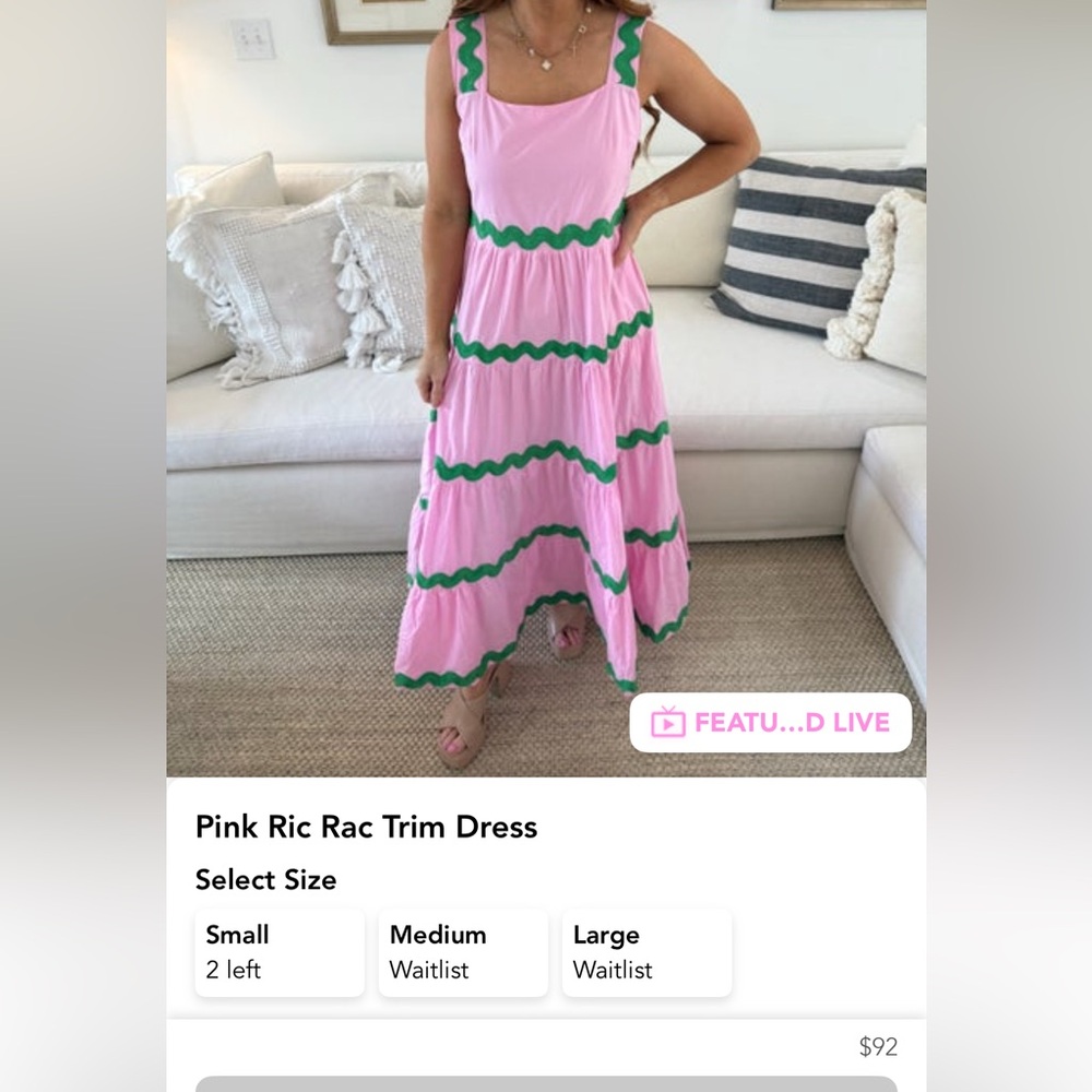 Women's Pink Maxi Dress with Green Trim - Sleeveless Summer Tiered Gown - Picture 2 of 8